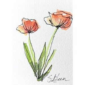 ACEO Painting Watercolor Ink Poppy Flower Red Yellow Botanical III Signed